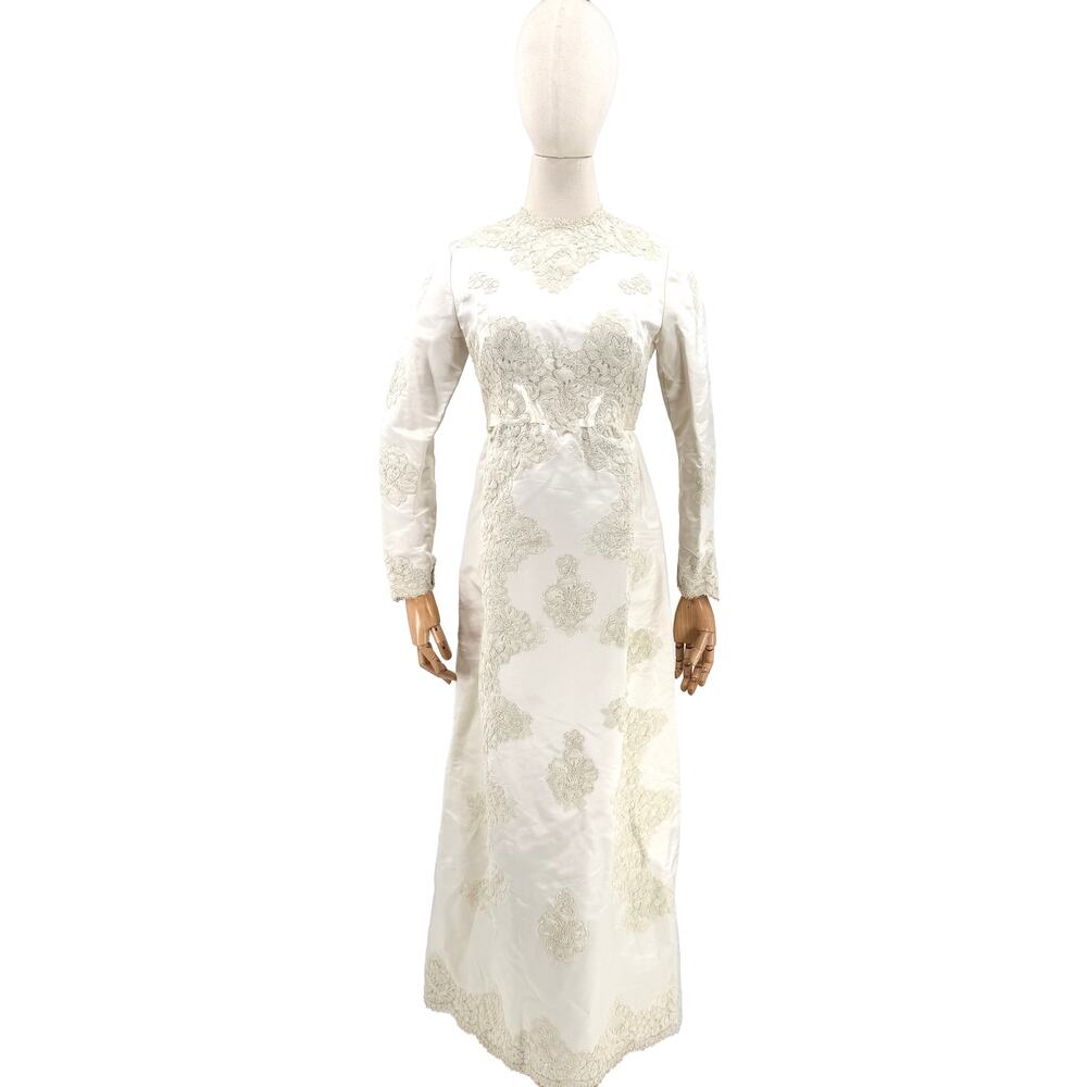 Vintage 60s I Magnin Ivory Satin Elegant Lace Long Sleeve Wedding Dress